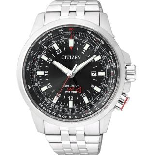 【CITIZEN 星辰】Eco-Drive 浩瀚飛行雙時區光動能腕錶-銀x黑(BJ7071-54E)