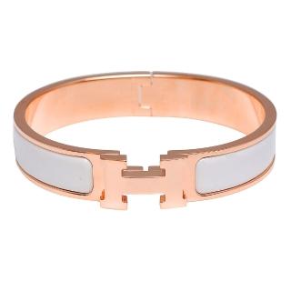 【HERMES】H LOGO琺瑯細版手環(白X玫瑰金H700001F-WHI-ROSE GOLD)