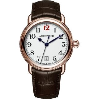 【AEROWATCH】搪瓷復刻紳士時尚腕錶-玫瑰金框x咖啡/40mm(A42900RO15)