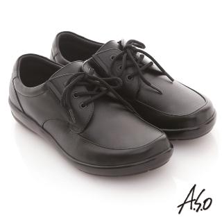 【A.S.O】學生鞋款 全真皮素面綁帶氣墊鞋(黑)