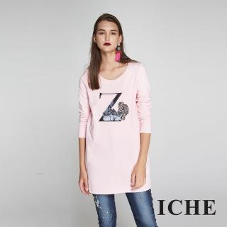 【ICHE 衣哲】時尚字母個性印花長版造型上衣-兩色-粉