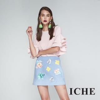 【ICHE 衣哲】時尚造型印花拼貼特色短裙-藍