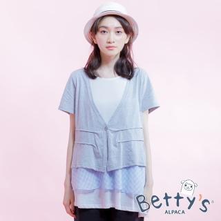 【betty’s 貝蒂思】開釦剪接格紋雪紡假兩件式上衣(灰色)