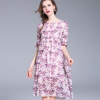 【ABELLA 艾貝菈】粉紫枝葉緞帶袖口絲柔圓領寬鬆洋裝(S-3XL)