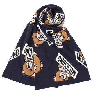 【MOSCHINO】滿版經典小熊針織保暖圍巾(深藍色)