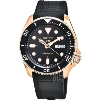 【SEIKO 精工】SEIKO 精工次世代5號機械膠帶腕錶-黑面玫瑰金框(SRPD76K1)