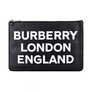 【BURBERRY 巴寶莉】BURBERRY白字LOGO牛皮6卡拉鍊手拿包(黑)