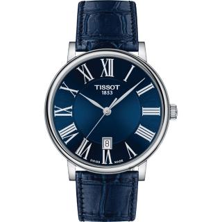 【TISSOT 天梭】Carson 羅馬石英錶-藍/40mm(T1224101604300)